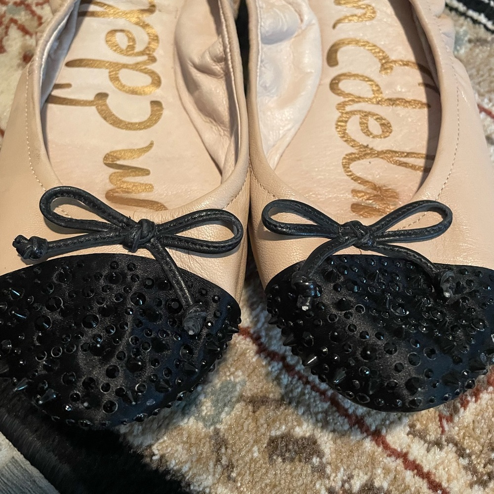 Sam Edelman Black Tan Rhinestone Studded Flats - Picture 2 of 5